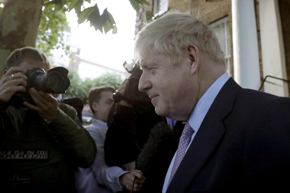 British Conservative party leadership and prime minister contender Boris Johnson leaves his home in south London, Thursday June 20, 2019. The race to become Britain's next prime minister is down to the final four on Wednesday, as Boris Johnson stretched his lead among Conservative lawmakers and upstart Rory Stewart was eliminated from the contest. (AP Photo/Matt Dunham)