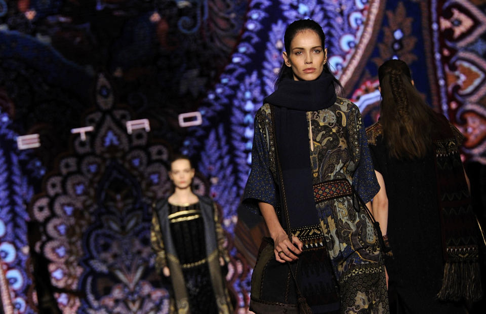 A model wears a creation for Etro women's Fall-Winter 2014-15 collection, part of the Milan Fashion Week, unveiled in Milan, Italy, Friday, Feb. 21, 2014. (AP Photo/Giuseppe Aresu)