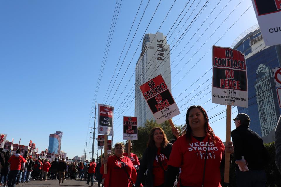 Culinary Union workers picket outside The Palms in Las Vegas on Feb. 18, 2020.
