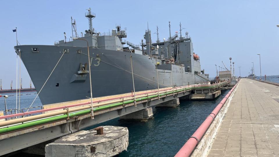 USNS Medgar Evers is pierside for a voyage repair maintenance period at the Augusta Bay NATO Pier in Sicily on June 30, 2023. (Christina Johnson/U.S. Navy)