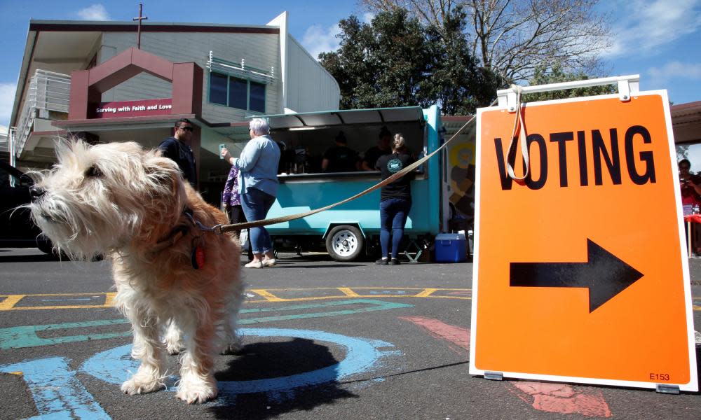 A dog waits outside a polling station during the general election in Auckland