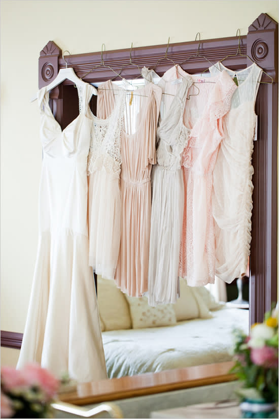 peach pink and gray bridesmaid dresses