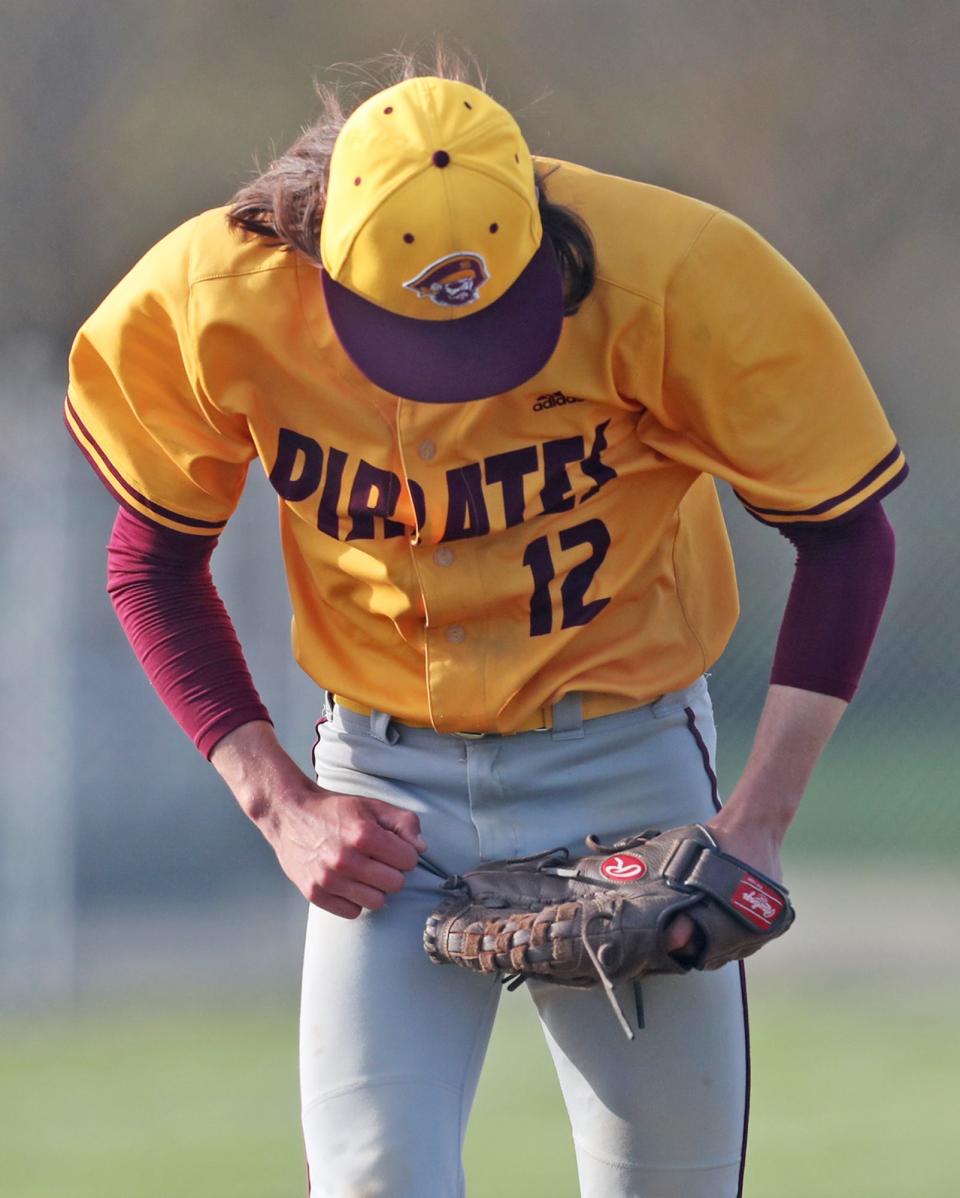 Southeast starting pitcher Logan Lavigna celebrates getting out of a jam during their game against Ravenna at Southeast High School on Thursday, April 25, 2024 in Palmyra Township.