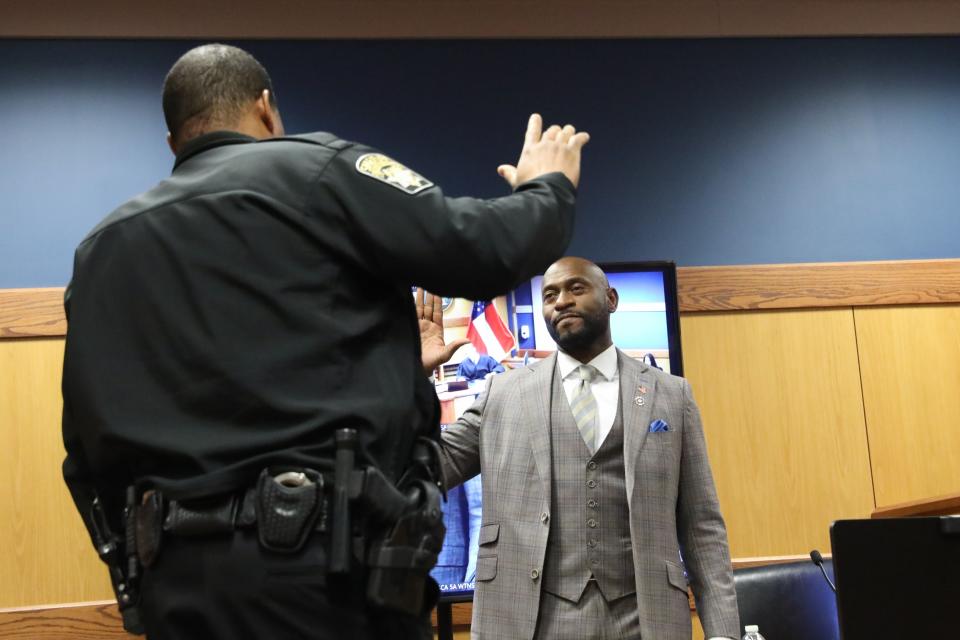 ATLANTA, GA - FEBRUARY 15: Fulton County Special Prosecutor Nathan Wade is sworn in for a hearing in the case of the State of Georgia v. Donald John Trump at the Fulton County Courthouse on February 15, 2024 in Atlanta, Georgia. The court is hearing testimony as to whether DA Fanni Willis and Wade should be disqualified from the case for allegedly lying about a personal relationship. (Photo by Alyssa Pointer-Pool/Getty Images)