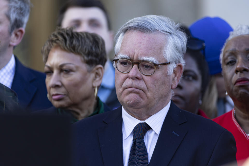 Nashville mayor John Cooper pauses during a vigil held for victims of The Covenant School shooting on Wednesday, March 29, 2023, in Nashville, Tenn. (AP Photo/Wade Payne)