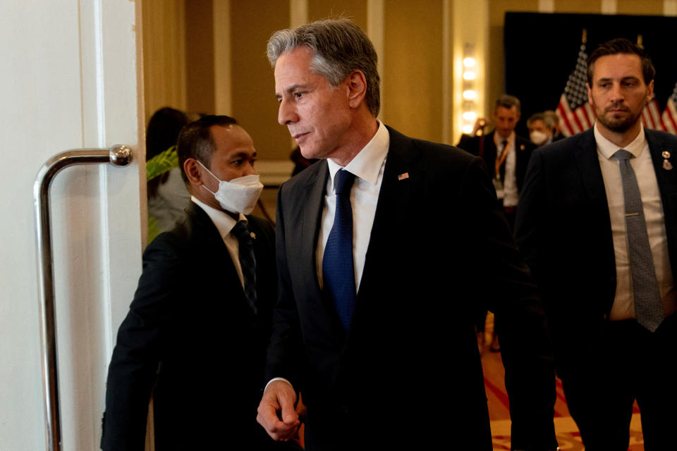 U.S. Secretary of State Antony Blinken attends a news conference at Raffles Hotel Le Royal in Phnom Penh, Cambodia, Friday, August 5, 2022. Andrew Harnik/Pool via REUTERS