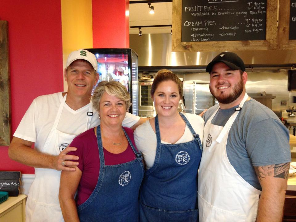 Grand Traverse Pie Co. owners Mike and Denise Busley, who divide their time between Traverse City and Maui, are hoping to spur donations to relief efforts in Lahaina, Hawaii. They are with daughter Kellee Houghtaling and her husband Ryan, whose Maui Pie shop is 23 miles south of Lahaina in Kihei.