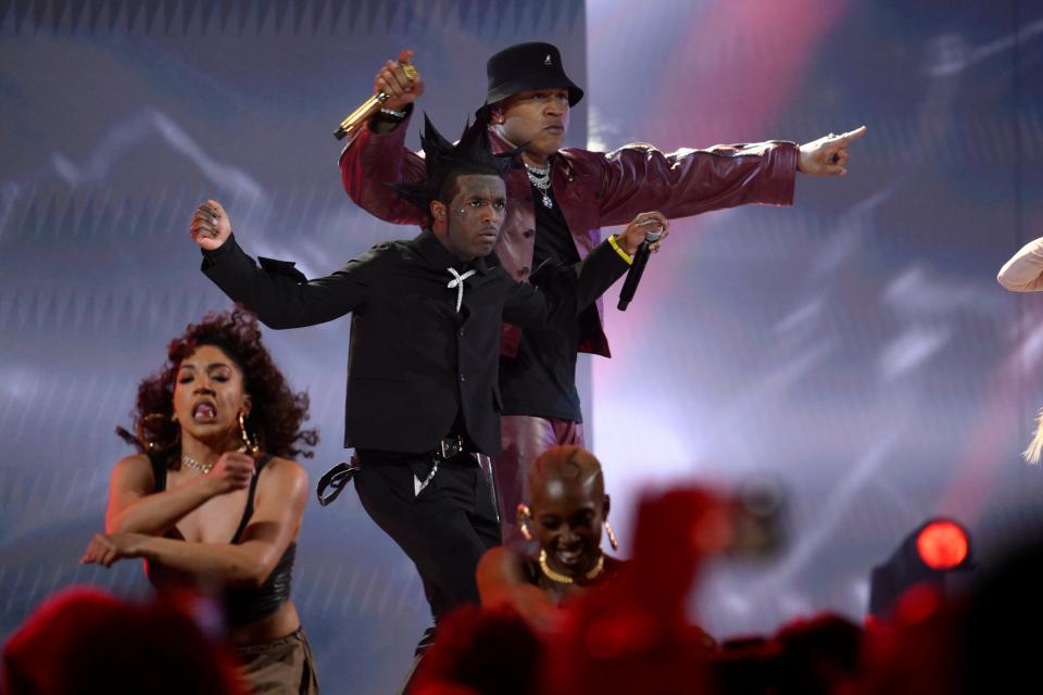 Lil Uzi Vert (front) and LL Cool J perform as part of a Grammy tribute to 50 years of hip-hop.