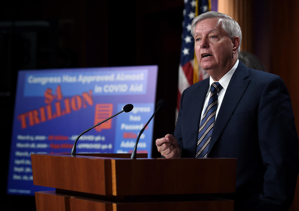 Senator Lindsey Graham (R-SC) speaks during a news conference as the Senate continues to debate the latest Covid-19 relief bill, at the US Capitol in Washington, DC on March 5, 2021. (Photo by OLIVIER DOULIERY / AFP) (Photo by OLIVIER DOULIERY/AFP via Getty Images)