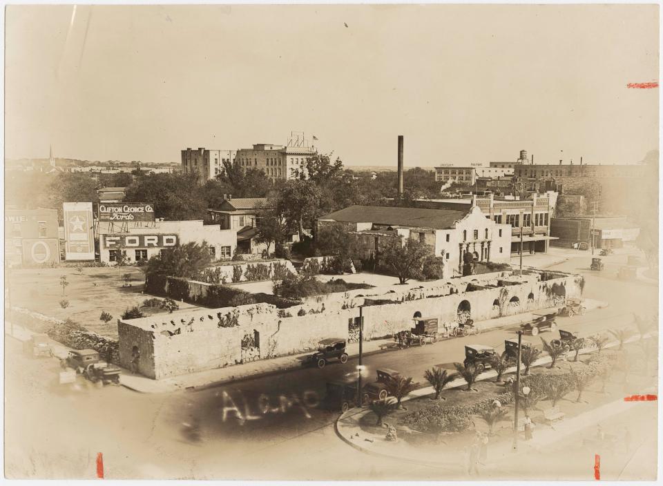 A view of the Alamo in historic San Antonio, Texas includes the long barrack where priests and nuns lived and where historians confirm most of the fighting in the 1836 battle took place.