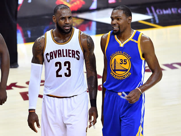 LeBron James and Kevin Durant talk about what it’s like to play defense in March. (Getty Images)