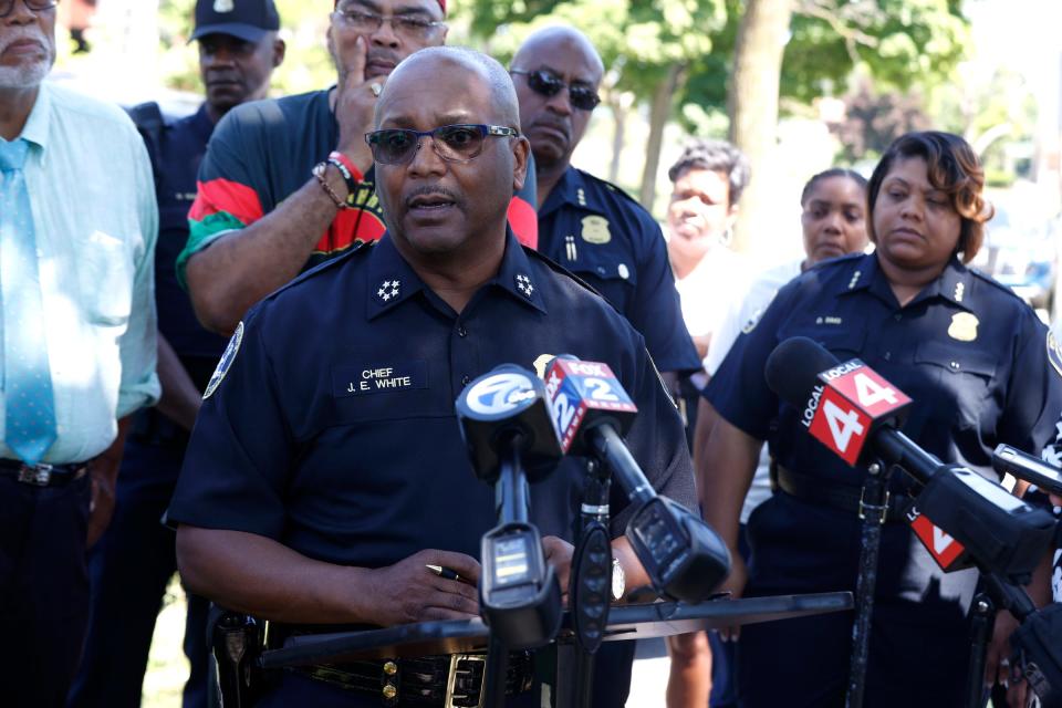 Detroit Police Chief James White talks with the media during a press conference on Monte Vista Street in Detroit where a 3-year-old boy was found dead inside a freezer at the home on Friday, June 24, 2022. The 30-year-old woman was taken into custody, by the Detroit Police Department.