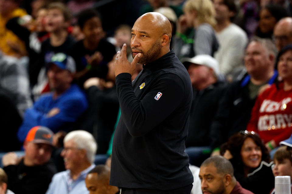 MINNEAPOLIS, MINNESOTA - DECEMBER 21: Head coach Darvin Ham of the Los Angeles Lakers looks on against the Minnesota Timberwolves in the first quarter at Target Center on December 21, 2023 in Minneapolis, Minnesota. NOTE TO USER: User expressly acknowledges and agrees that, by downloading and or using this photograph, User is consenting to the terms and conditions of the Getty Images License Agreement. (Photo by David Berding/Getty Images)