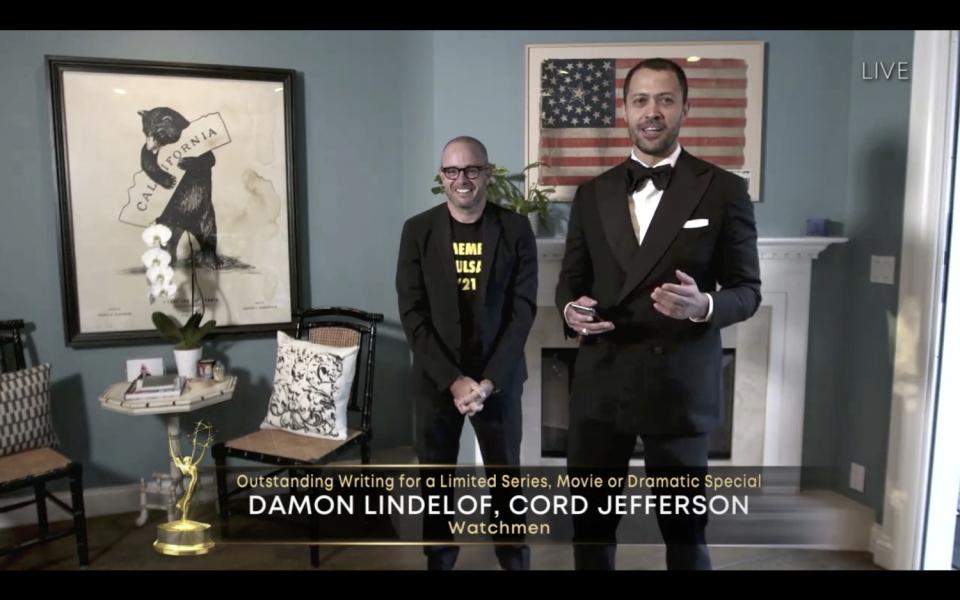 Damon Lindelof, Cord Jefferson accept the Emmy for writing in a limited series.