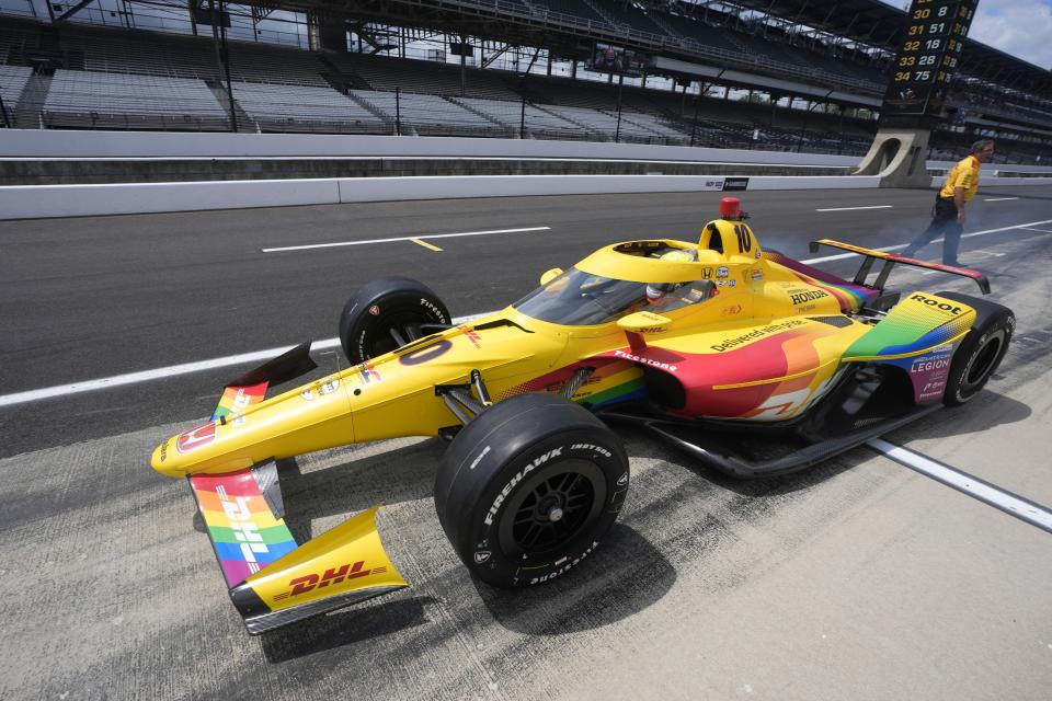Alex Palou, of Spain, leaves the pits during a practice session for the Indianapolis 500 auto race at Indianapolis Motor Speedway, Friday, May 17, 2024, in Indianapolis. (AP Photo/Darron Cummings)