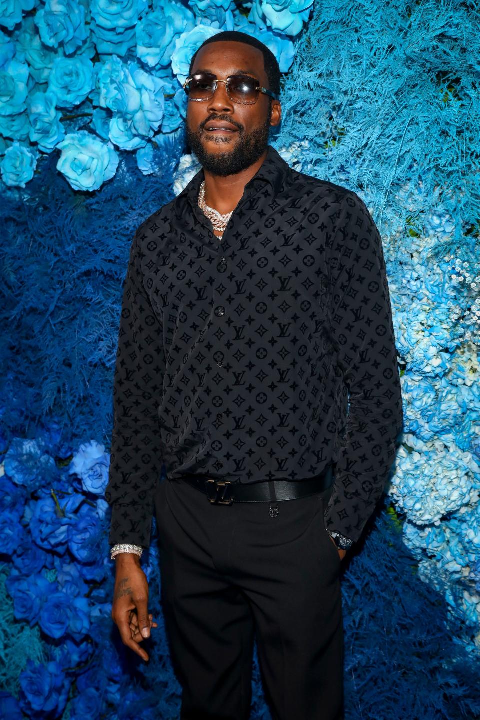 Meek Mill attends the 40/40 Club's 18th-anniversary celebration Saturday, Aug. 28, 2021, in New York. (Photo by Andy Kropa/Invision/AP) ORG XMIT: NYAK105