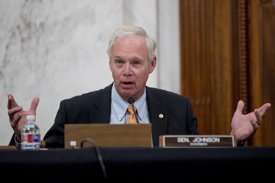 Chairman Sen. Ron Johnson, R-Wis., speaks as the Senate Homeland Security and Governmental Affairs committee meets on Capitol Hill in Washington, Wednesday, May 20, 2020, to issue a subpoena Blue Star Strategies. (AP Photo/Andrew Harnik)