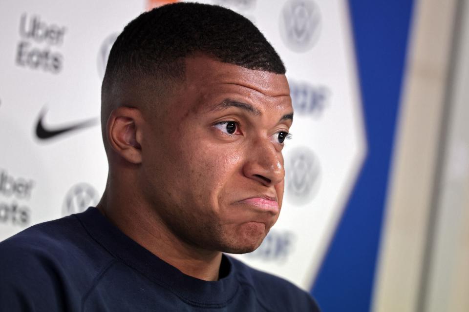 Kylian Mbappe addresses the French media ahead of Euro 2024 qualifiers against Gibraltar and Greece (AFP via Getty Images)