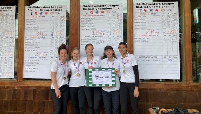 North Eugene's girls golf team wins the team title at the 5A Midwestern League District Championships Wednesday, May 1, 2024, at Tokatee Golf Club in McKenzie Bridge, Ore.
