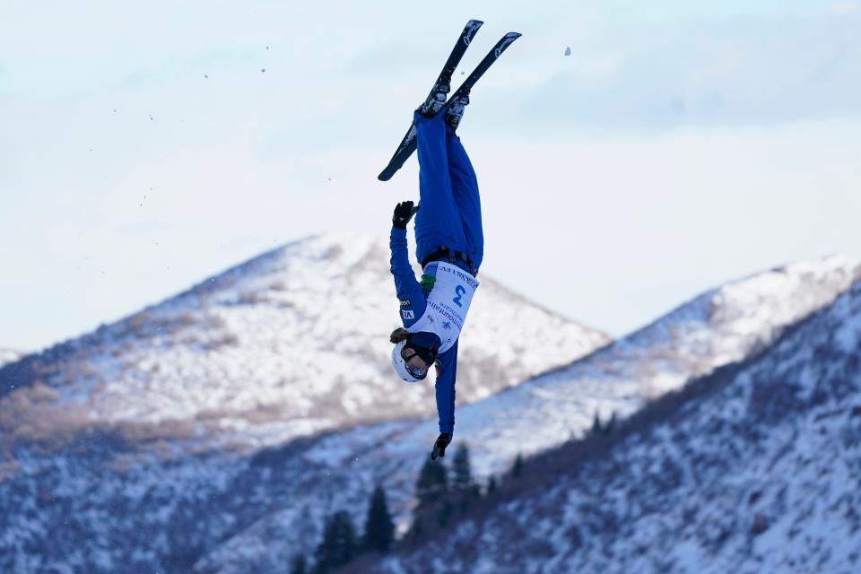 Megan Nick competes during qualifying in the World Cup women's freestyle aerials skiing event, Saturday, Feb. 6, 2021, in Deer Valley, Utah.