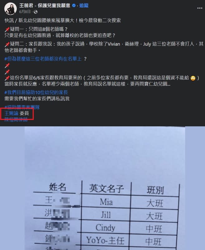 王薇君6月8日在臉書發文中TAG王婉諭，發佈多名板橋私幼案中多名幼教老師的個資。   圖：擷取自王薇君臉書