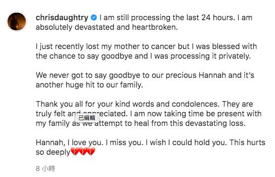 ▲Chris Daughtry繼女Hannah猝逝，他悲痛發文哀悼。（圖／翻攝Chris Daughtry IG）