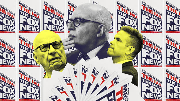 Photo illustration of Rupert Murdoch, Lachlan Murdoch, and Michael Wolff collaged with images of Wolff’s new book, “The Fall, The End of Fox News.”