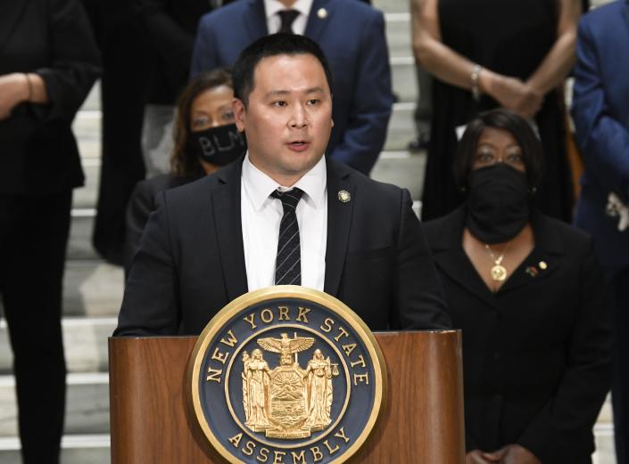In this June 8, 2020, file photo, Assemblyman Ron Kim, D-Queens, speaks during a press briefing at the state Capitol in Albany, N.Y.