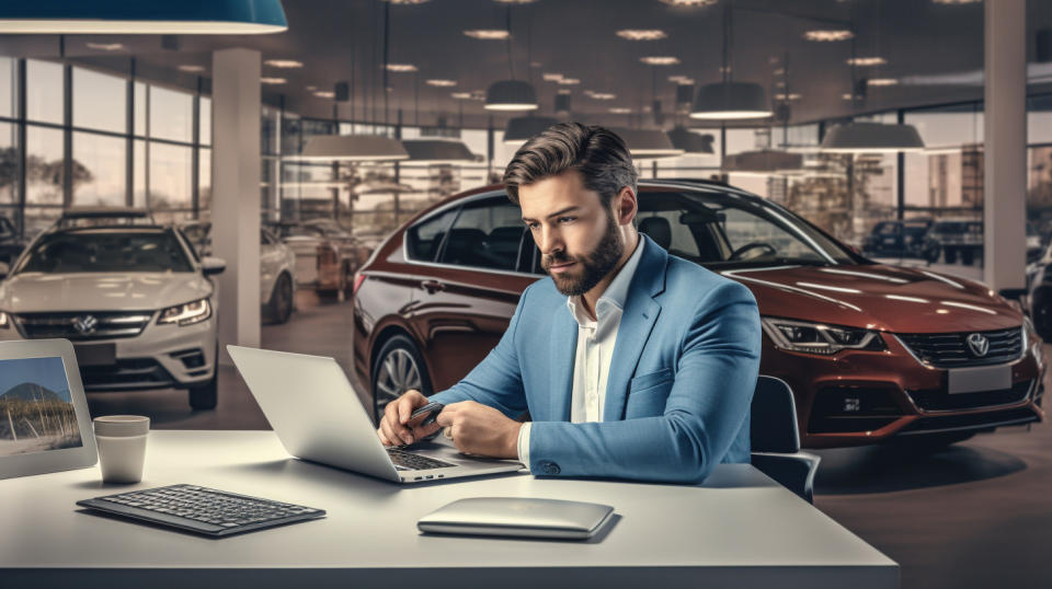 A customer in an office space purchasing auto insurance online from the company's marketplace.