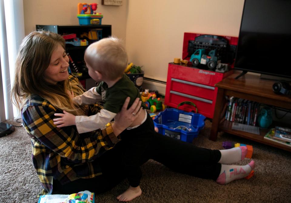 Brittany Christian, 32, plays with her son, Kyler, 2. While on meth, which she used in 2017-2018, she lost custody of her three children but has her youngest son back and her older two on the weekends.