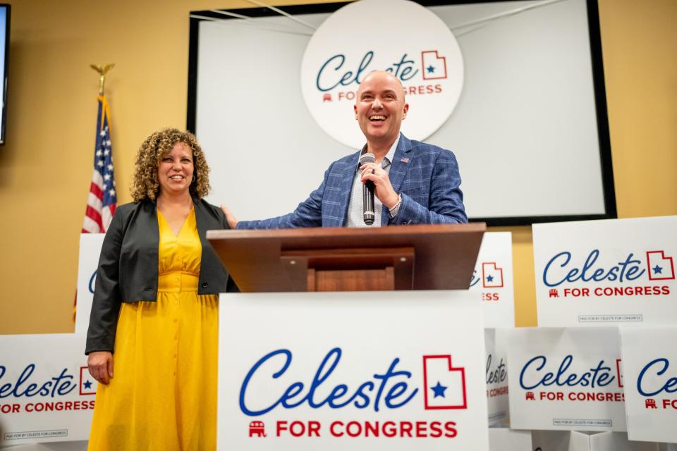 Gov. Spencer Cox speaks at an election night party for Celeste Maloy, left, at the Utah Trucking Association in West Valley City on Tuesday, Nov. 21, 2023. Maloy is running against Democratic state Sen. Kathleen Riebe, D-Cottonwood Heights, in the special election to fill Rep. Chris Stewart’s seat in the 2nd Congressional District. | Spenser Heaps, Deseret News