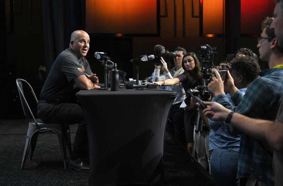 Clay Helton speaks at the Pac-12 NCAA college football media day, Thursday, July 27, 2017, in Los Angeles. (AP)