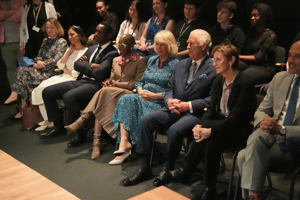 Queen Camilla at the RADA event in London wearing a pair of kitten heels