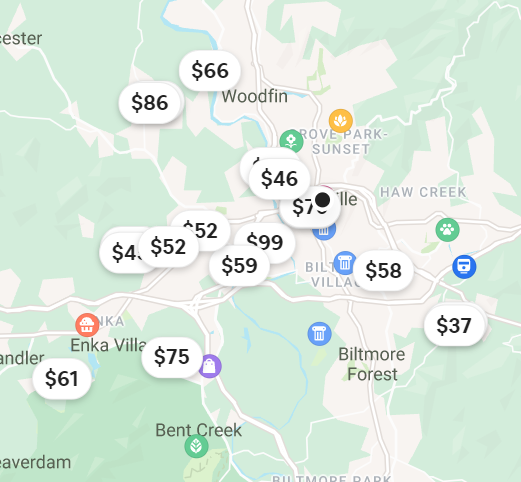 A map of Airbnbs in the Asheville area.