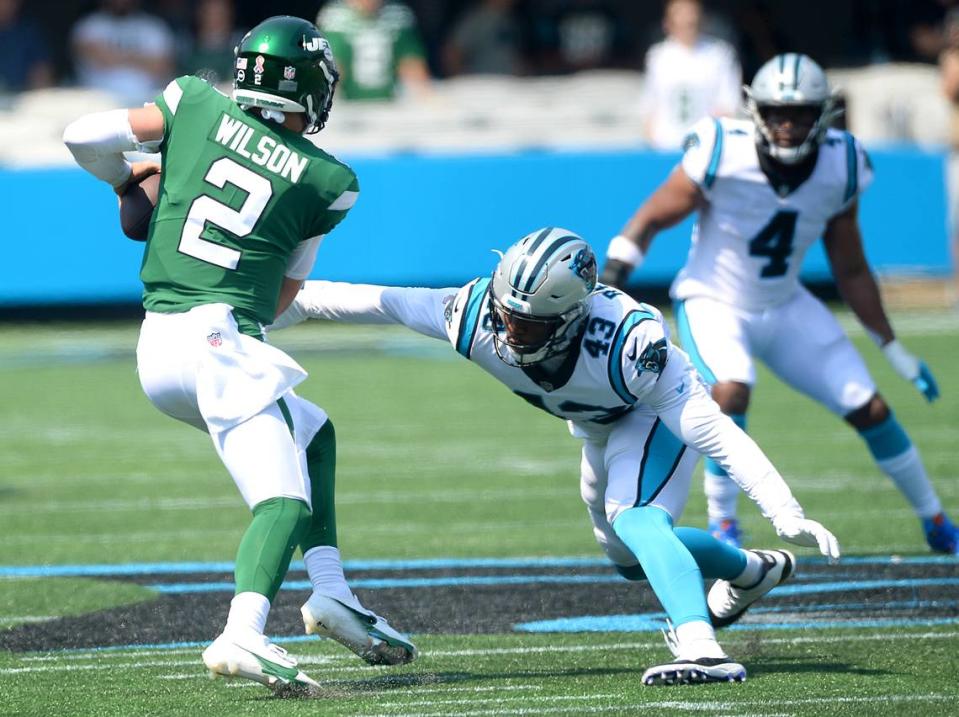 The New York Jets weren’t willing to trade Sam Darnold until they saw Zach Wilson (2) throw the ball well at Brigham Young’s Pro Day on March 26th. Wilson opened his career against the Panthers on Sept. 12th, getting sacked six times.