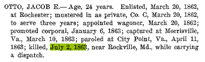 Don Madar found this account of Jacob Otto’s death with the place indicated as Rockville, Md., and a date of July 2. It’s unlikely that two couriers would have been killed in the same manner in two different states at about the same time. This leads Madar and Scott Mingus to conclude that Otto is the likely identity of the courier shot in Codorus Township in the early morning hours of June 30, 1863.
