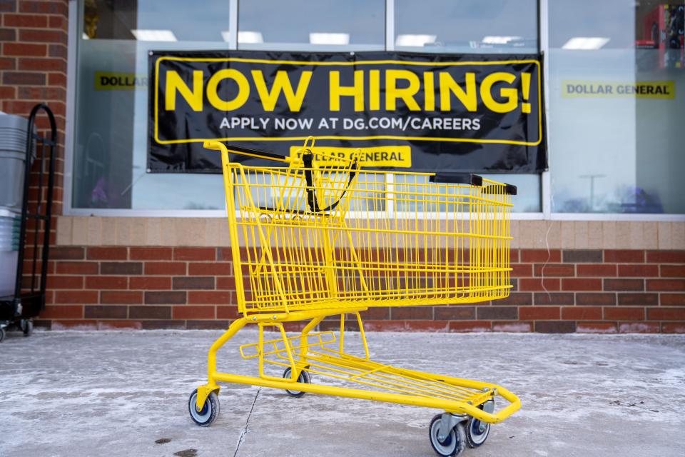 A not hiring sign posted at Dollar General in Des Moines, Friday, Feb. 3, 2023.