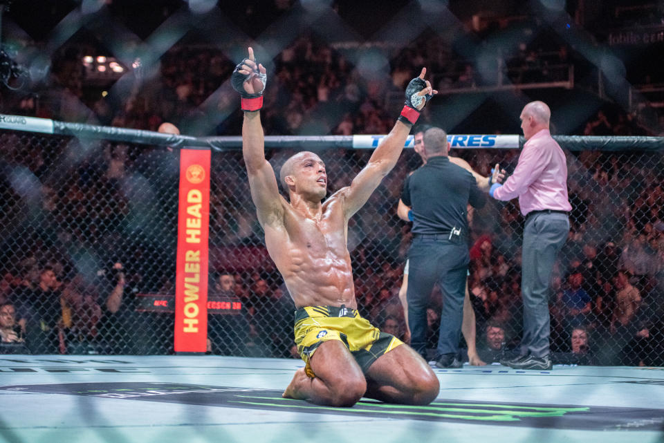 KANSAS CITY, MISSOURI - APRIL 15: Edson Barboza celebrates his victory over Billy Quarantillo in a featherweight bout during UFC Fight Night Kansas City on April 15, 2023, at T-Mobile Center in Kansas City, Missouri. (Photo by Matt Davies/PxImages/Icon Sportswire via Getty Images)