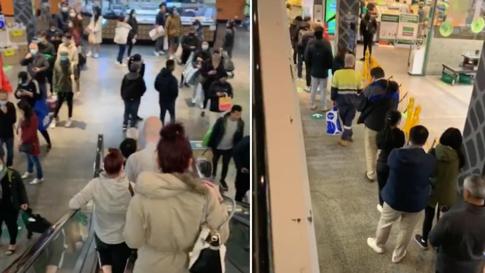 Long queues of shoppers waiting to get into a Melbourne supermarket.