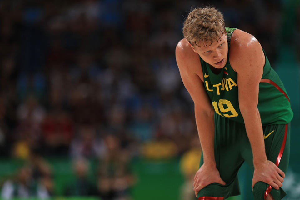 Lithuanian forward Mindaugas Kuzminskas wonders where it all went wrong. (Mike Ehrmann/Getty Images)