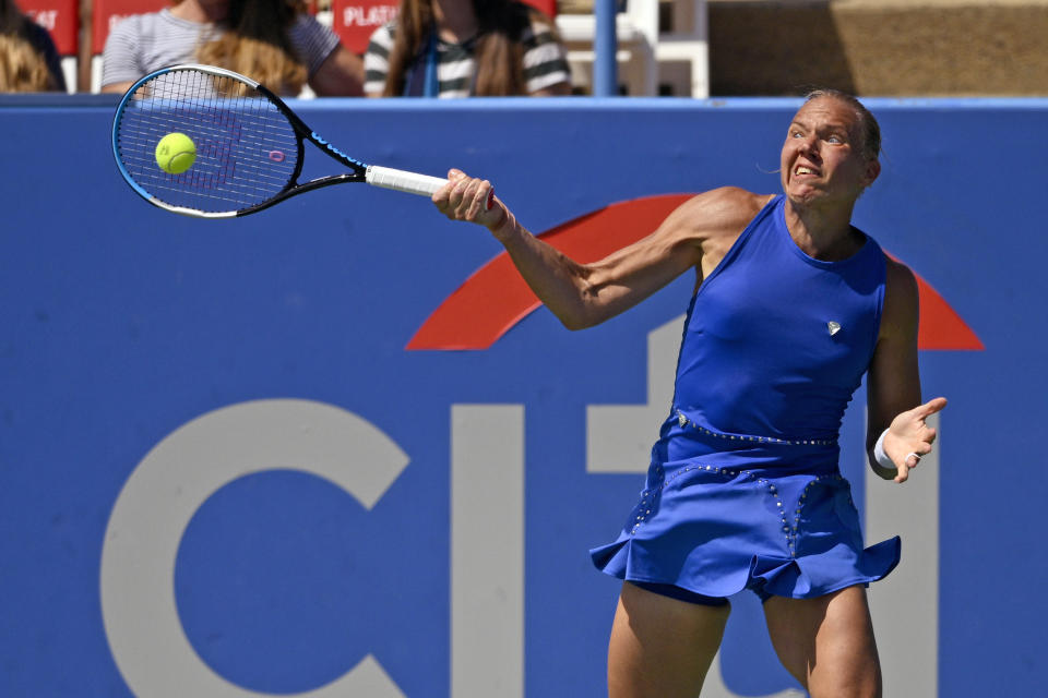 Kaia Kanepi, of Estonia, returns a shot against Daria Saville, of Australia, during a match at the Citi Open tennis tournament Saturday, Aug. 6, 2022, in Washington. (AP Photo/Nick Wass)