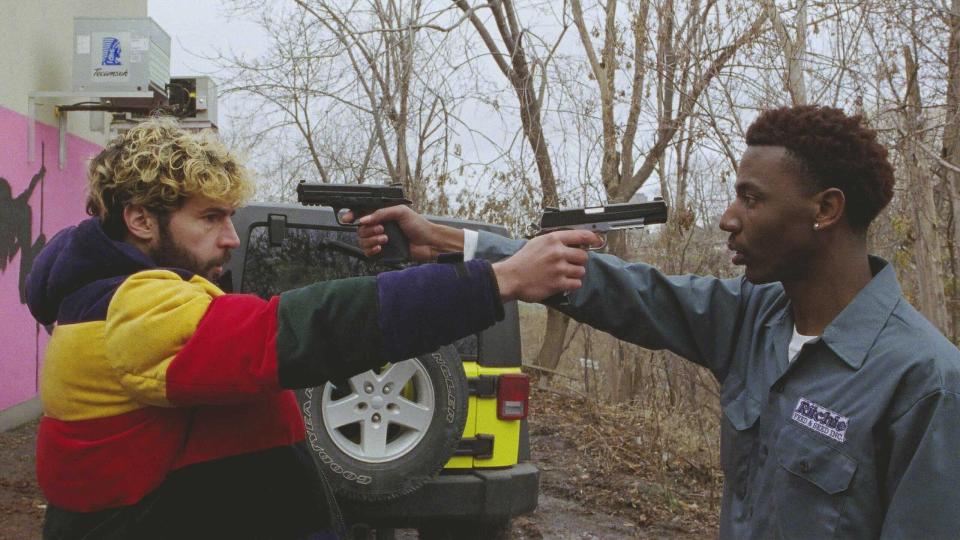 This image released by the Sundance Institute shows Christopher Abbott, left, and Jerrod Carmichael in a scene from "On the Count of Three," an official selection of the U.S. Dramatic Competition at the 2021 Sundance Film Festival. (Sundance Institute via AP)