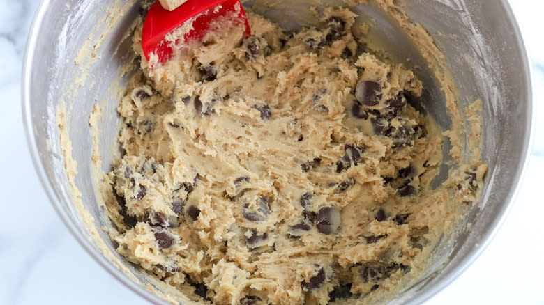 Chocolate chip quinoa cookie dough in a bowl