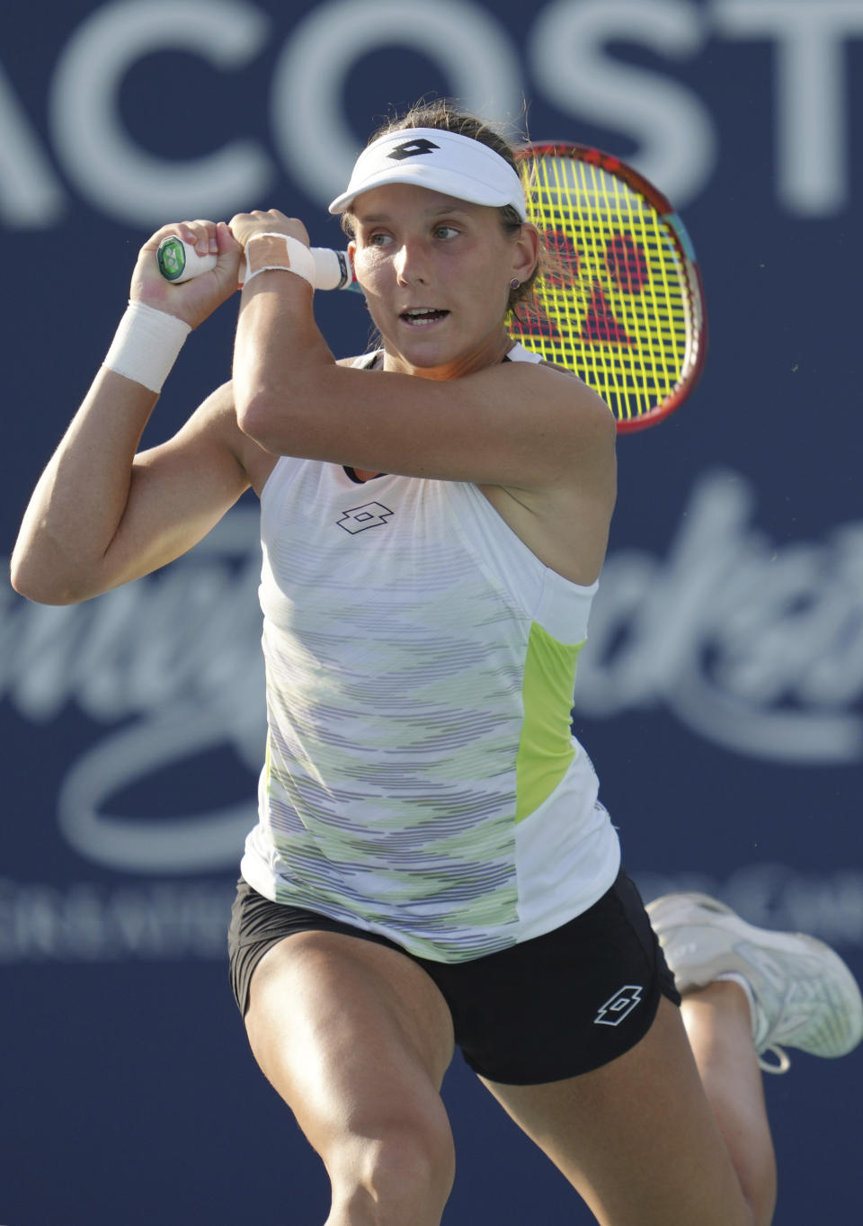 Varvara Gracheva, of Russia, returns a volley against Petra Kvitova, of the Czech Republic, in the second set of a match at the Miami Open tennis tournament, Monday, March 27, 2023, in Miami Gardens, Fla. (AP Photo/Jim Rassol)