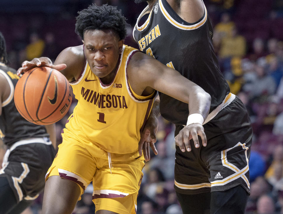 Minnesota's Joshua Ola-Joseph (1) drives to the basket during the first half of an NCAA college basketball game against Western Michigan, Monday, Nov. 7, 2022 in Minneapolis. (Carlos Gonzalez/Star Tribune via AP)