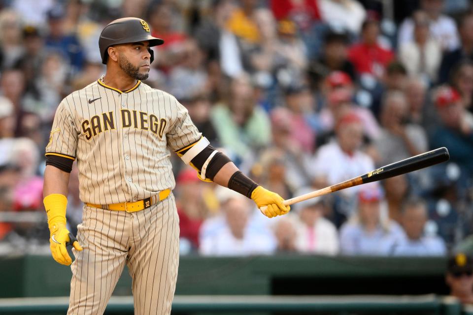 Nelson Cruz des San Diego Padres en action lors d'un match de baseball contre les Nationals de Washington, le jeudi 25 mai 2023, à Washington.  Les Padres ont gagné 8-6.  (AP Photo/Nick Wass)