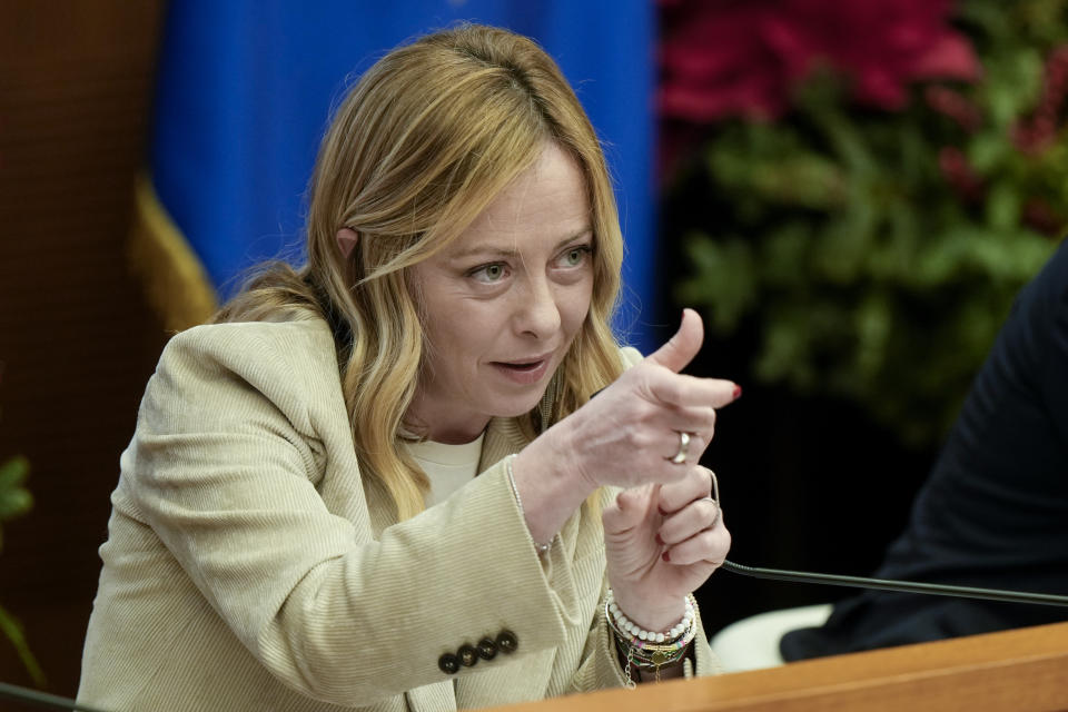 Italian Premier Giorgia Meloni answers journalists' questions during her year end press conference, in Rome, Thursday, Jan. 4, 2024. (AP Photo/Andrew Medichini)