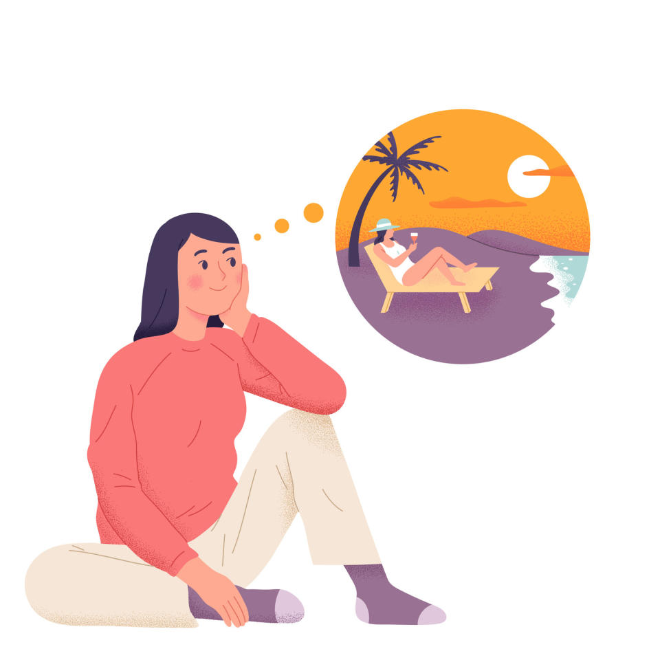 illustration of woman daydreaming about vacation