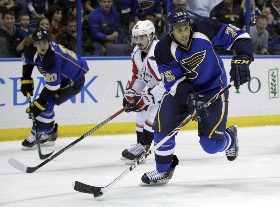 St. Louis Blues' Ryan Reaves (75) looks to pass the puck during the second period of an NHL hockey game against the Washington Capitals, Tuesday, April 8, 2014, in St. Louis.(AP Photo/Tom Gannam)