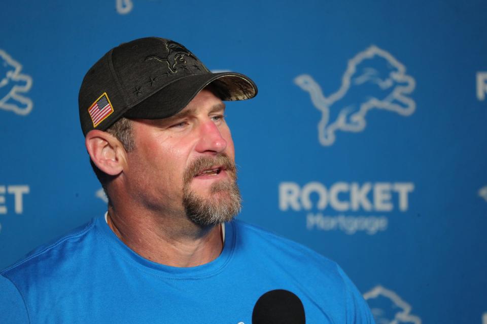 Lions coach Dan Campbell talks to reporters during training camp in Allen Park on Thursday, July 29, 2021.